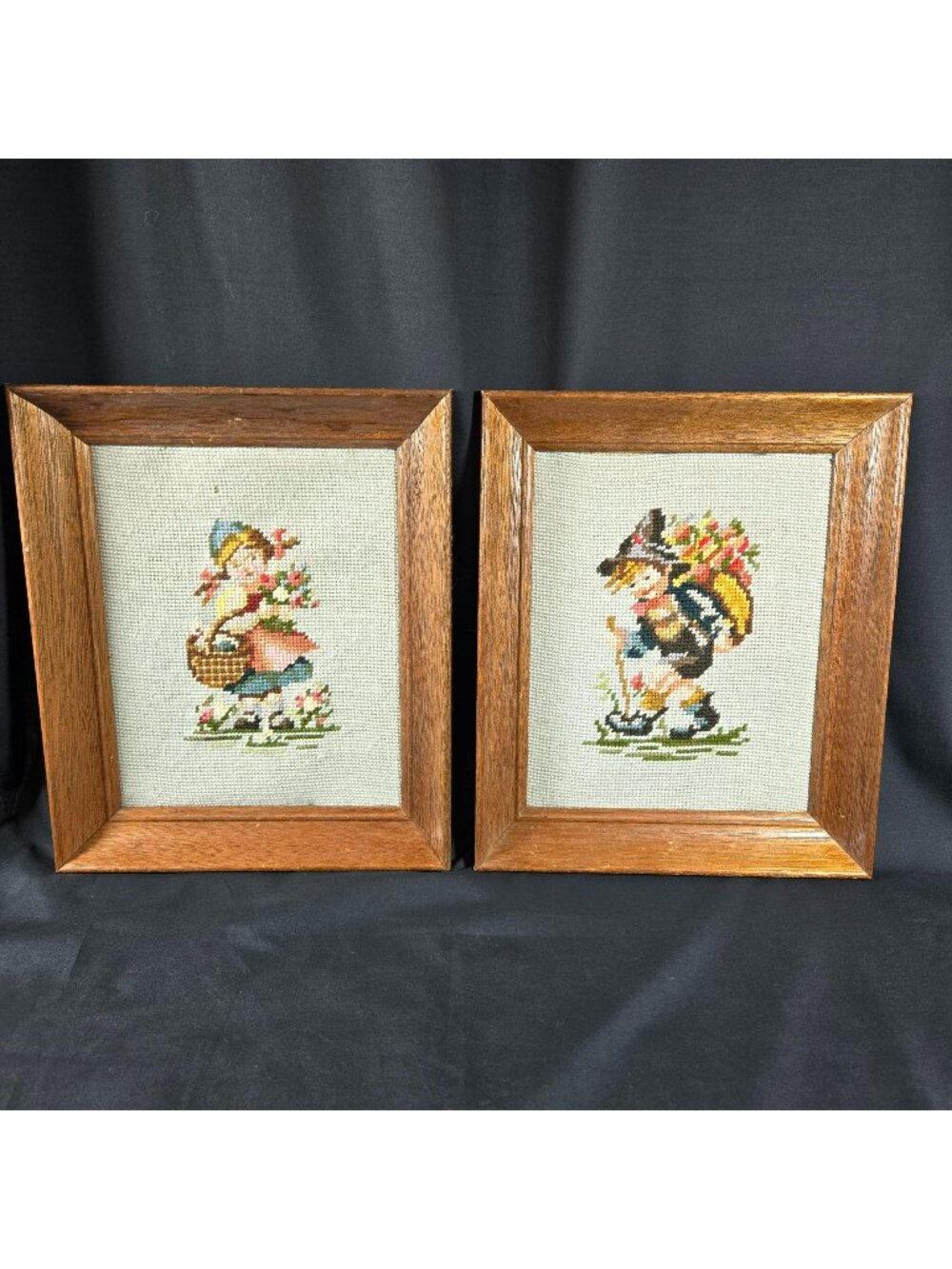 Pair Vintage Hand-Stitched Needlepoint Hummel Boy & Girl Solid Wood Frames *READ